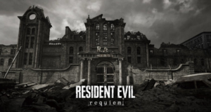 Fachada destruída de um prédio histórico sob céu nublado em Resident Evil 9: Requiem, com o logotipo do jogo centralizado na imagem.
