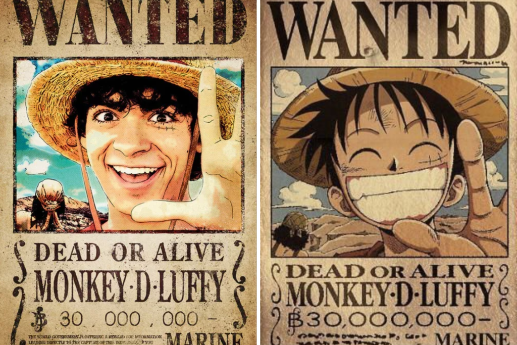 Comparação entre os cartazes de procurado de Monkey D. Luffy no live-action de One Piece e no mangá, ambos mostrando o personagem sorrindo e apontando para a câmera.