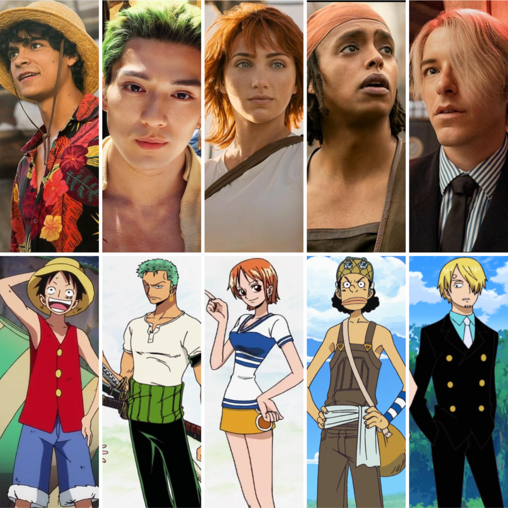 Elenco do live-action de One Piece caracterizado como os Chapéus de Palha, ao lado de versões em anime de Luffy, Zoro, Nami, Usopp e Sanji.