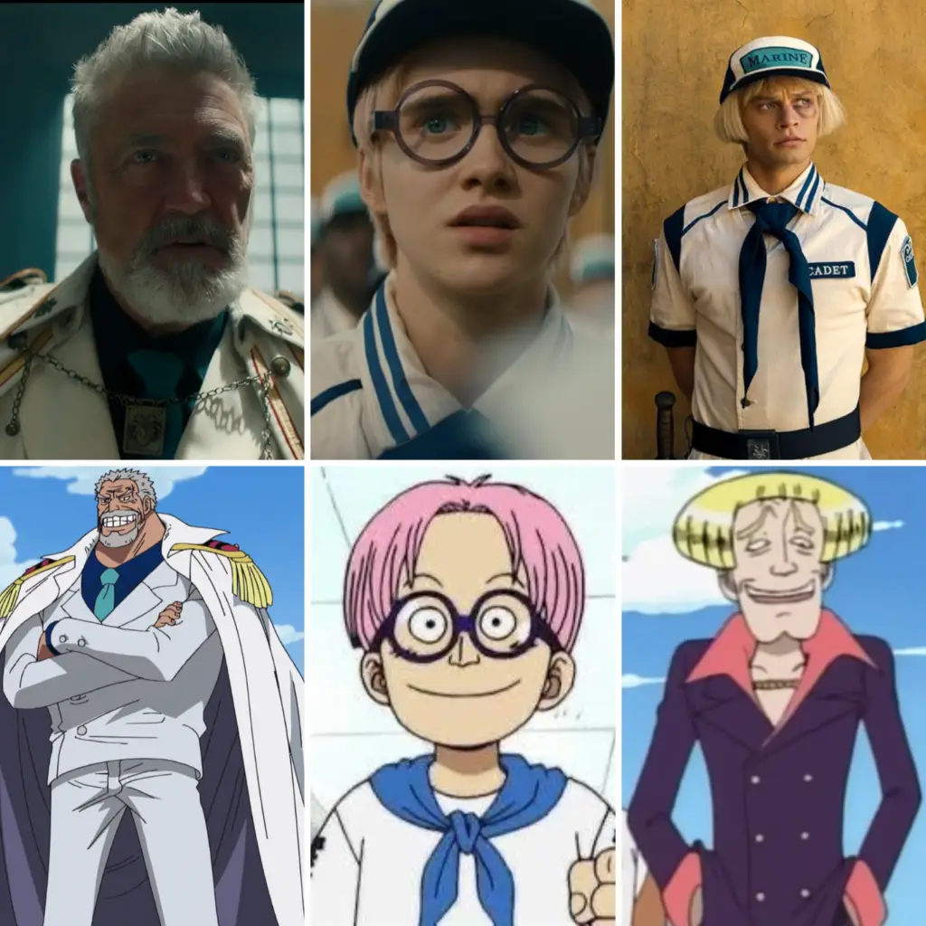 Personagens da Marinha na adaptação live-action de One Piece comparados às versões em anime de Garp, Koby e Helmeppo.