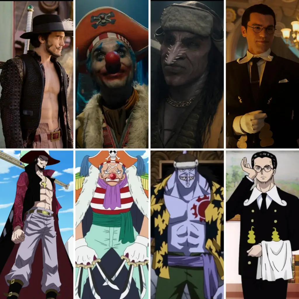 Vilões de One Piece no live-action comparados às versões em anime de Mihawk, Buggy, Arlong e Kuro.
