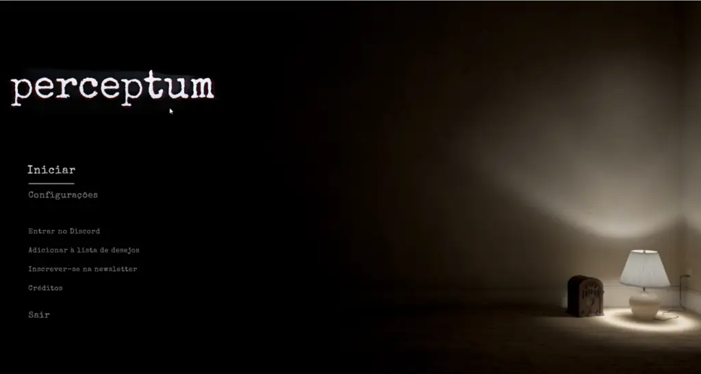 menu inicial do jogo Perceptum com rádio e luminária iluminando um quarto escuro