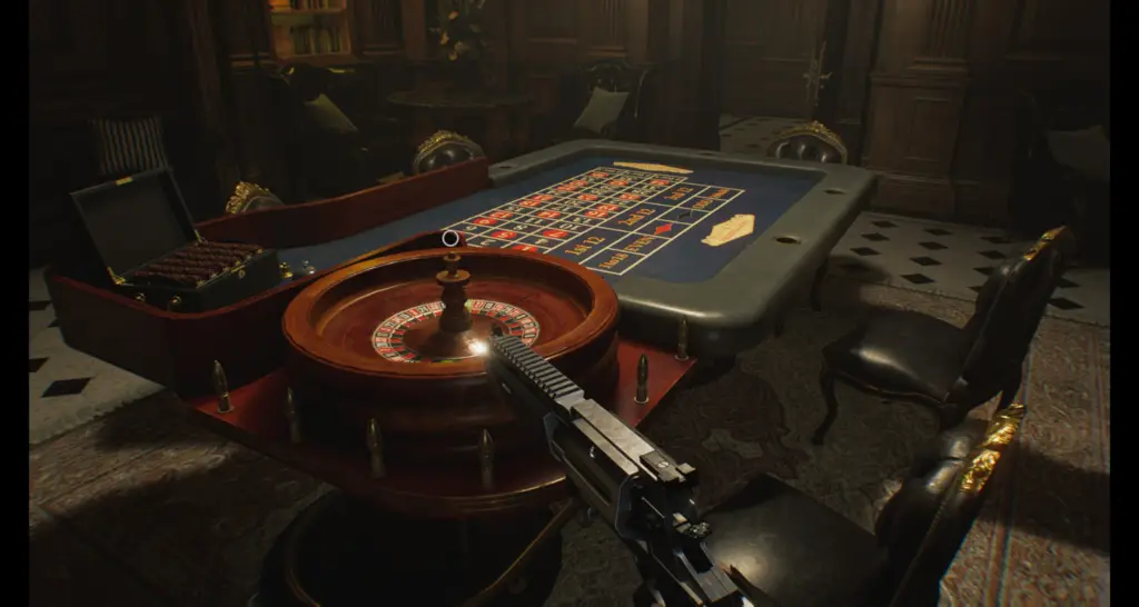 Mesa de roleta no cassino de Rhodes Hill em Resident Evil Requiem, usada no puzzle que concede uma Moeda Antiga.