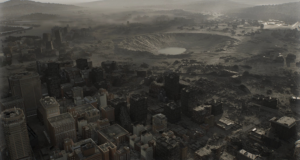 Cidade devastada com enorme cratera ao centro em Resident Evil Requiem