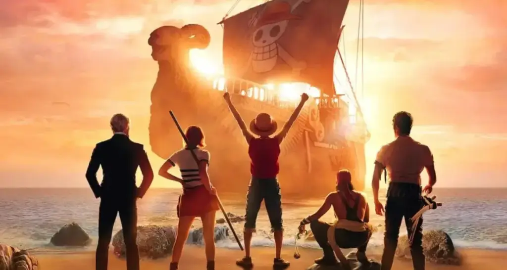 Tripulação dos Chapéus de Palha diante do navio Going Merry em One Piece Live Action na Netflix
