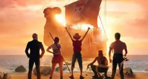 Tripulação dos Chapéus de Palha diante do navio Going Merry em One Piece Live Action na Netflix