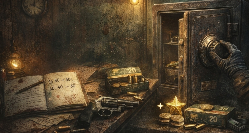 Cofre aberto sobre mesa antiga com munição, moedas e estrela dourada ao lado de um caderno.