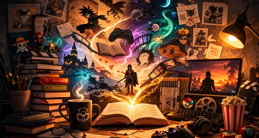 Ilustração de um livro aberto liberando personagens e elementos de diferentes universos narrativos como games, animes, filmes e literatura, representando a mistura de histórias da cultura pop.