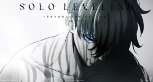 Sung Jinwoo no key visual de Solo Leveling: Beyond the System, com o olho azul em destaque e o cabelo cobrindo parte do rosto